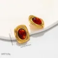 Vintage golden stainless steel rectangle earrings with amber resin stones - Square Gold Edge (BJGE1846)