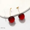 Vintage style red cherry drop earrings in gold stainless steel with dimensions 5.2cm long - Cherry Style (BJGE1875)