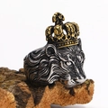 Punk style lion head ring with gold crown on rustic wood background for men - US 7 / Gold & Silver