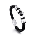 Men's gothic leather rope bracelet with silver skull pendant and magnetic clasp - Black