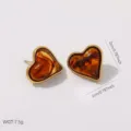 Detailed view of amber resin heart studs with gold metal edges and size dimensions - Heart Style (BJGE1780)