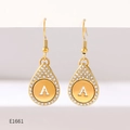 Gold-plated drop earrings with sparkling crystals and letter A charm on white background - Alphabet A Earrings (E1661)