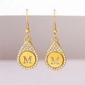 Golden drop earrings with sparkling letter M inlay and crystal halo for women - Alphabet M Earrings (E1671-4)