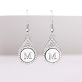Silver teardrop earrings with sparkling crystals and black M initial on white background - Alphabet M Earrings (E1671-2)