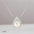 Silver teardrop necklace with T letter and white rhinestones on snake chain - Alphabet T Necklace (N0603)