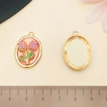 Pink tulip enamel pendant with gold frame and textured oval base for DIY jewelry - Pink Tulip (22067) / 26x18mm