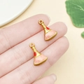 Pink enamel broom-shaped charm with gold metal handle and intricate lucky engraving - Broom Style (22226) / Pink