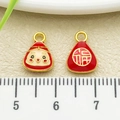 Rode en gouden emaille bedeltjes met geluksteken en schattig poppengezicht - Zegen Dumpling Baby met Enkele Lus(22622) / Rood
