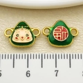 Cartoon Zongzi pendant with fortune character in green drip oil and gold finish - Double Loop Blessing Smiley Dumpling(22638)
