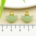 Pale green jadeite ingot charm with gold petal cap and hanging loop for jewelry making - One 15x14mm 22204 1.3g Light Green Glass Ingot.