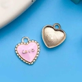 Pink heart-shaped Love charms with gold engraving and textured metal backing for DIY jewelry - 13X15mm / Pink Enamel Heart Love