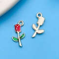 Red rose enamel alloy pendants with gold trim for DIY keychains showing front and back views - 9x18mm / Red Enamel Rose