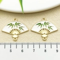 Chinese style folding fan pendant with green bamboo leaves and white enamel finish - White Enamel Double Sided Folding Fan (22446)
