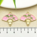 Pink enamel folding fan charm with green bamboo leaves and double golden hanging loops - Rose Pink Enamel Double Sided Folding Fan (22447)