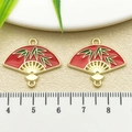 DIY red enamel Chinese fan pendant with green bamboo leaf patterns in gold finish - Red Enamel Double Sided Folding Fan (22448)