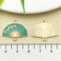 Green enamel bamboo fan pendant charms with golden floral details for DIY jewelry making - Blue Enamel Plum Blossom Fan (22450)