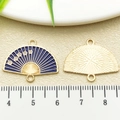 Blue enamel folding fan pendant with small white flowers and gold textured back - Purple-blue Enamel Plum Blossom Fan (22451)