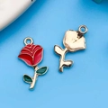 Pendentif fleur de rose en alliage émaillé rouge avec bordures dorées pour bijoux DIY - 12x23mm / Émail Rouge Rose