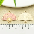 Pink enamel fan pendant with golden plum blossom pattern for DIY jewelry crafts - Pink Enamel Plum Blossom Fan (22453)