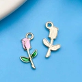 Pendentif rose en émail rose avec bords dorés pour la fabrication de bijoux et porte-clés - 9x18mm / Émail Rose Rose