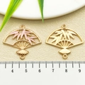 Golden Chinese fan pendant with pink enamel bamboo leaves for DIY jewelry making - Pink Enamel Bamboo Leaf Fan (22455)