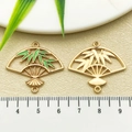 Bamboo leaf folding fan charm set with green enamel finish for DIY jewelry making - Green Enamel Bamboo Leaf Fan (22456)