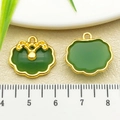 Green Ruyi lock pendant with gold metal frame and jade glass texture finish - One 19x18mm 22214mm 2.2g Green Glass Auspicious Cloud Longevity Lock.