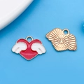 Pendentif cœur en alliage avec ailes dorées et texture rayon de soleil pour bijoux DIY - Rouge Émail Cœur Ailes