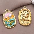 French vintage enamel flower and pearl pendants in pink and gold for DIY jewelry - Blue Drip Oil Square Tulip Plate (19482)