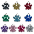 Set of 10 colorful paw print pet tags with glitter finish and silver metal frames - Large Single Sided White K Enamel Cat Paw Set (SN1335)