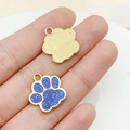 Golden alloy dog paw pendant with blue glitter inlay and textured back for DIY jewelry - Glitter Blue (23323)