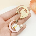 Pastel pink moon and white bunny charm with pearl detail and golden hollow back - Pink Moon White Rabbit Style (15540)