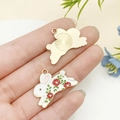 White enamel rabbit pendant with red roses and golden textured back for DIY jewelry - Enamel White Rabbit with Flower Style