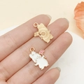 Enamel rabbit pendant with pink flower and golden fan charm for DIY accessories - White Flower Rabbit Style (23079)
