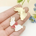 White rabbit enamel charm with red bow and gold metal back for DIY jewelry making - Gold-White Enamel Bow-Tie Rabbit Style