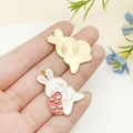 White enamel cartoon bunny pendant with red strawberry detail and gold-plated back - Gold-White Enamel Mushroom Rabbit Style