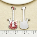 Hip hop style guitar pendant with red and white flame enamel and brushed metal back - Red Flame Guitar (22346)