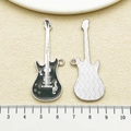 Black enamel guitar pendant featuring white music notes and silver textured back - Black Music Note Guitar (22355)