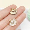 Golden shell charms with white enamel and pearl for DIY jewelry making and necklaces - White