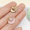 Pink enamel shell charm with white faux pearl and golden metal scallop pendant for jewelry - Pink