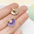 Golden and purple enamel scallop charms with white pearls for DIY jewelry making - Purple