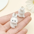 Mini white flocked rabbit pendant with silver metal ring for DIY keychain charm - White Small Rabbit (22933)