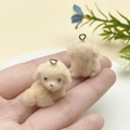 Cute beige flocked puppy charms with metal loops for DIY jewelry and phone chains - Light Tan Head-Turning Puppy
