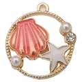 Roze emaille schelp en witte zeester hanger met gouden kraalrand en parels - Roze Ronde Zeester Schelp (12040)