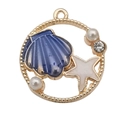 Blauwe schelphanger met parel in goudgerande ronde lijst voor DIY-sieraden - Blauwe Ronde Zeester Schelp (12041)