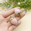 Iridescent pink strawberry pendant charm with gold metal leaf and stem detail - Solid Pink AB Iridescent (21812)