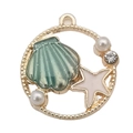Gouden legering hanger met groene emaille schelp en parels voor het maken van DIY-sieraden - Ronde Groene Schelp met Zeester (12042)