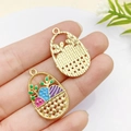 Easter egg basket charm pendant in gold alloy with colorful enamel for DIY jewelry - Blue Easter Egg Basket (27x18mm) (23088)