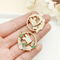 Golden bunny wreath pendant with colorful enamel details and flower swing design - KC Gold White Enamel Flower Swing Rabbit Wreath