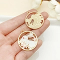 Enamel bunny and cherry blossom wreath alloy charm with textured gold back - KC Gold White Enamel Hollow Flower Rabbit Wreath